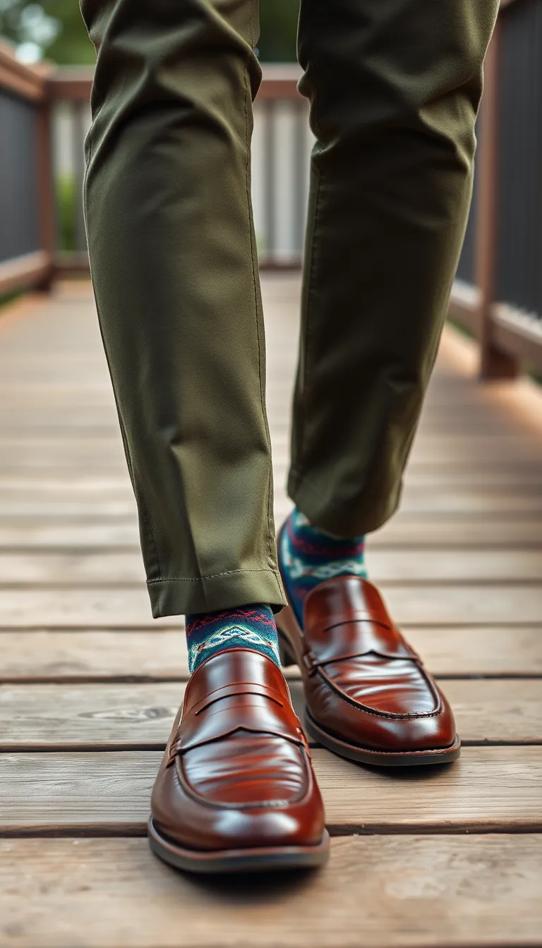 Enhancing Green Pants with Patterned Socks and Casual Shoes