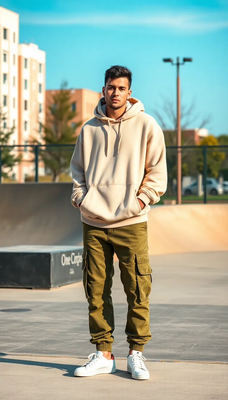 Neutral Beige Hoodie with Green Cargo Pants