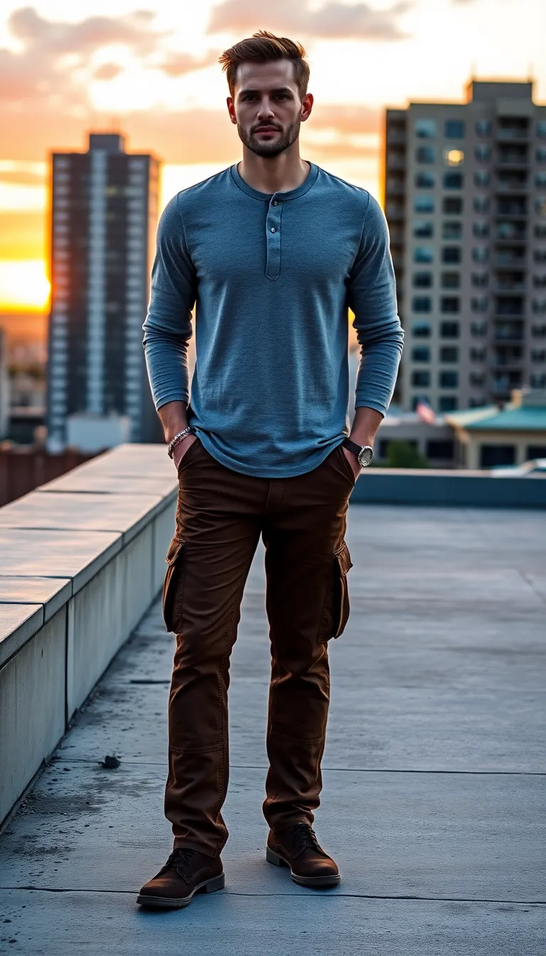 Pair Brown Cargo Pants with a Light Grey Henley Shirt