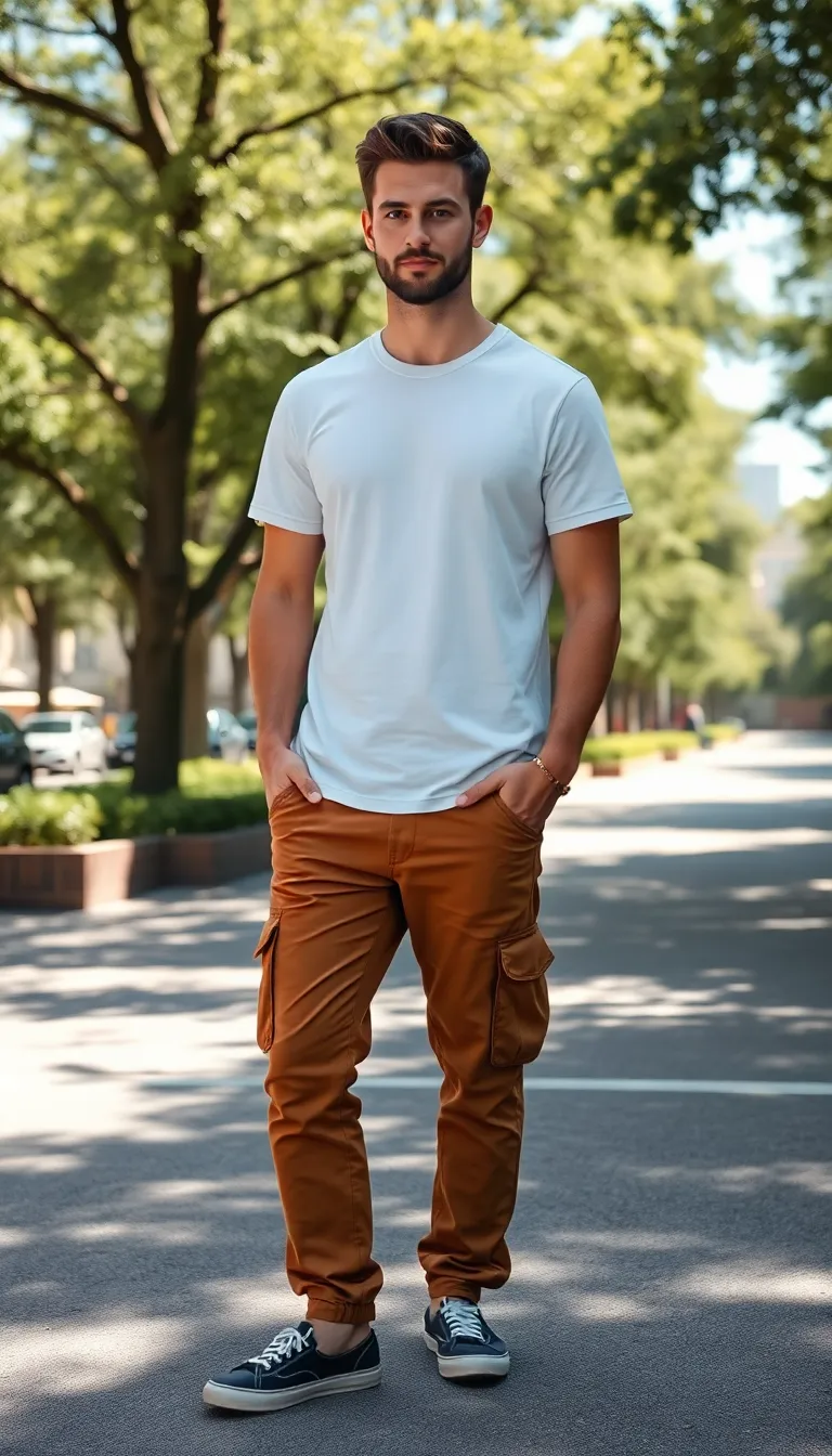 Casual White T-shirt and Brown Cargo Pants