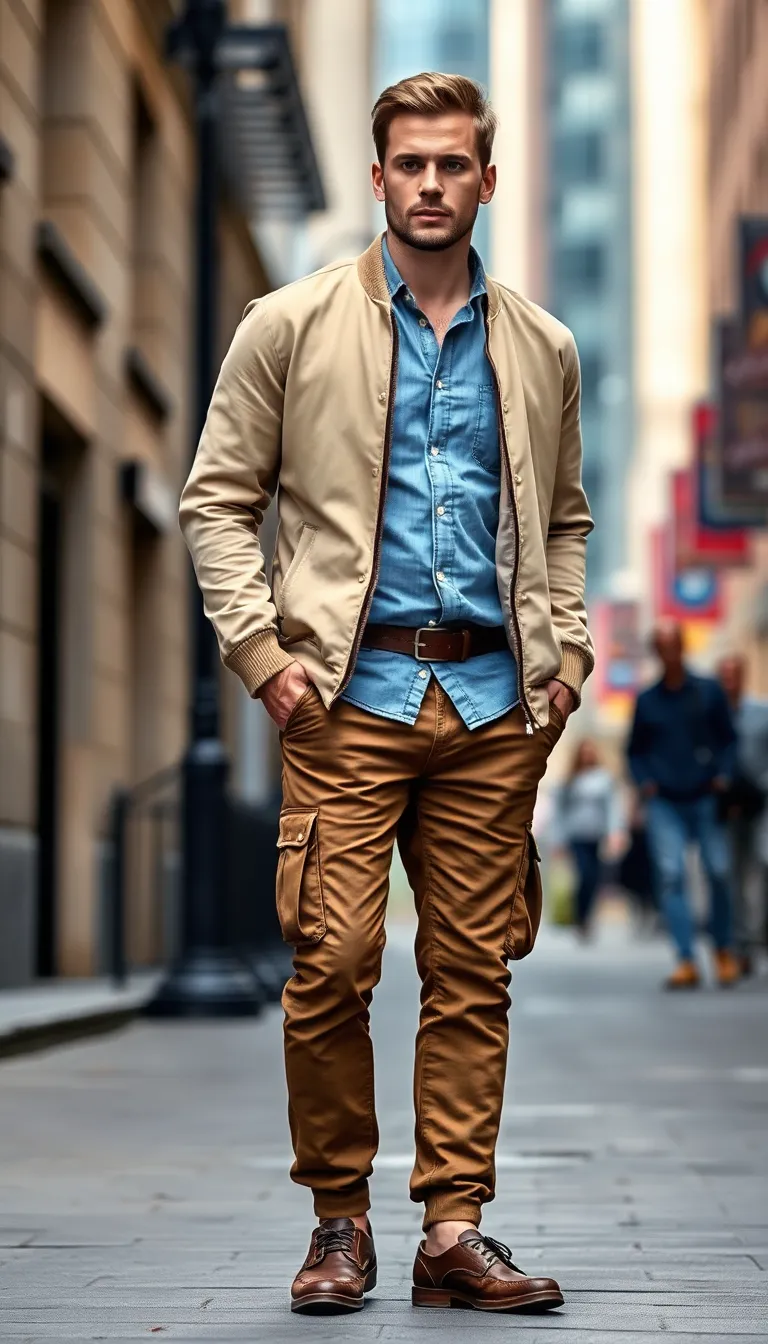 Smart Layering Using a Chambray Shirt Beneath a Beige Bomber
