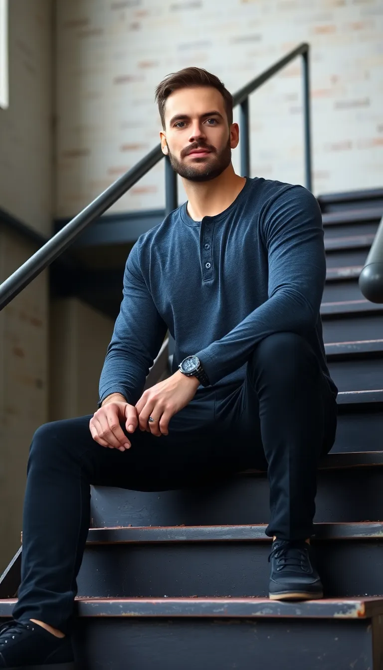 Black Pants with a Long Sleeve Henley