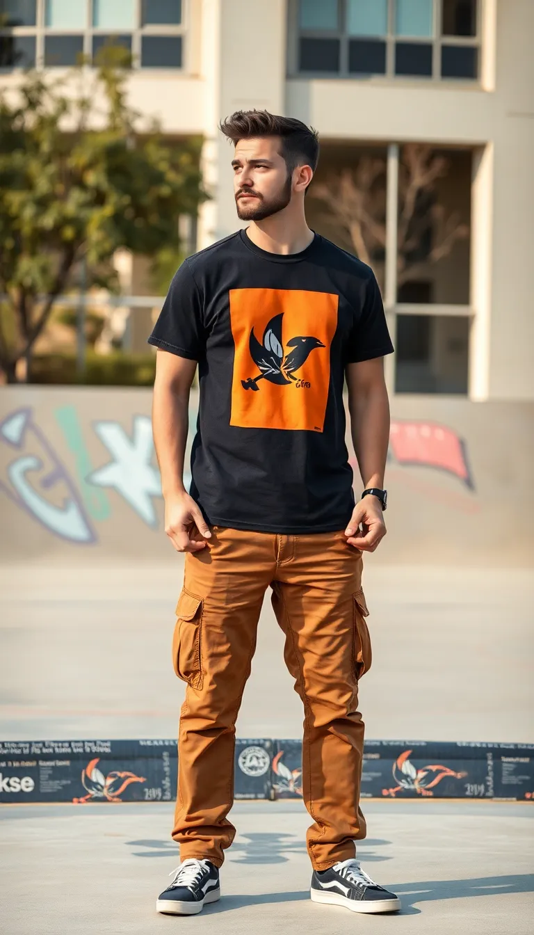 Sporty Look with a Graphic Tee and Brown Cargo Pants