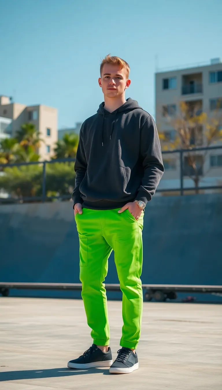 Combining Bright Green Pants with Black Trainers