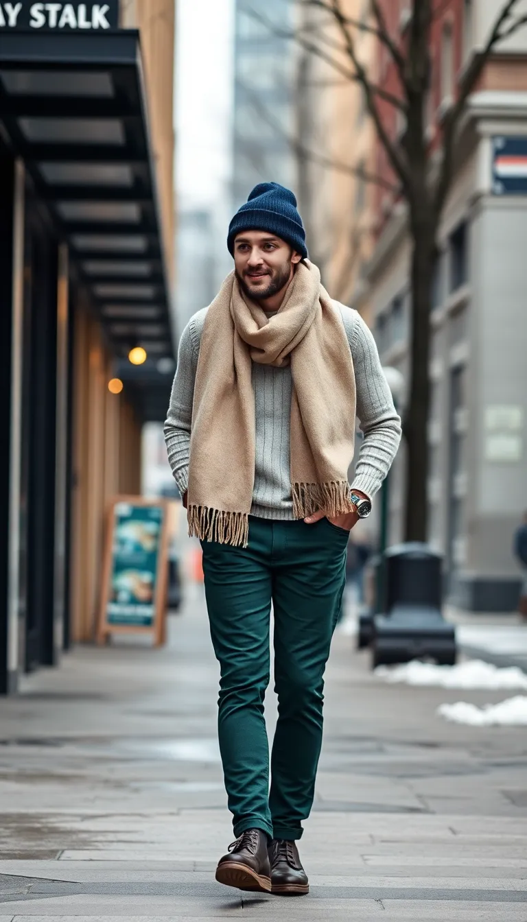 Layering Green Pants Outfits with Scarves and Beanies