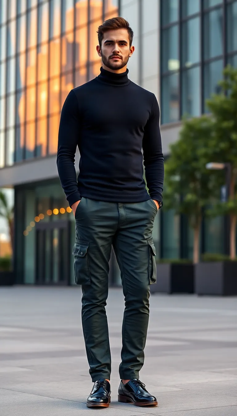 Black Turtleneck and Green Cargo Combo