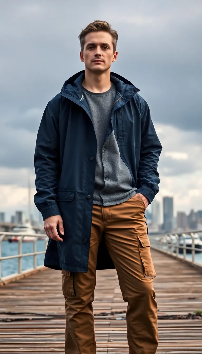 Combine Brown Cargo Pants with a Navy Windbreaker
