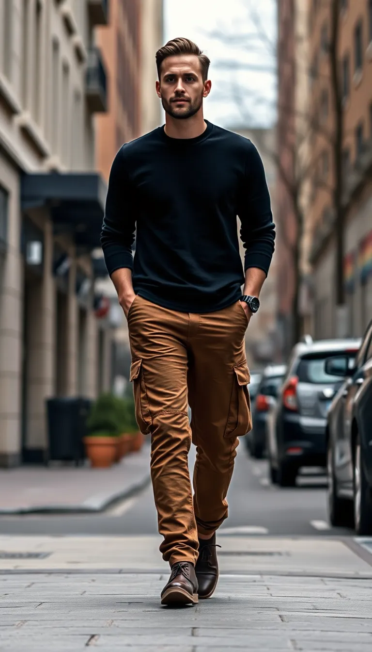 Classic Brown Cargo Pants with a Black Crewneck Sweater