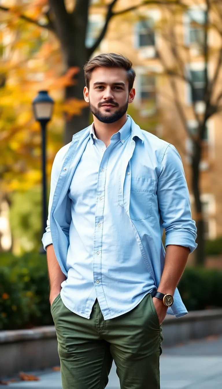 Combining Green Pants with Layered Button-Down Shirts