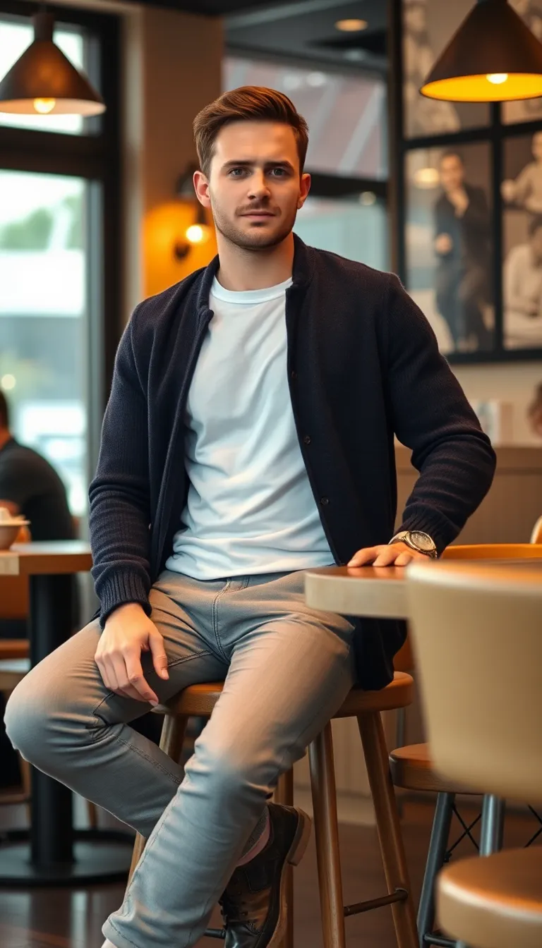 Grey Jeans with a Casual Shirt and Cardigan