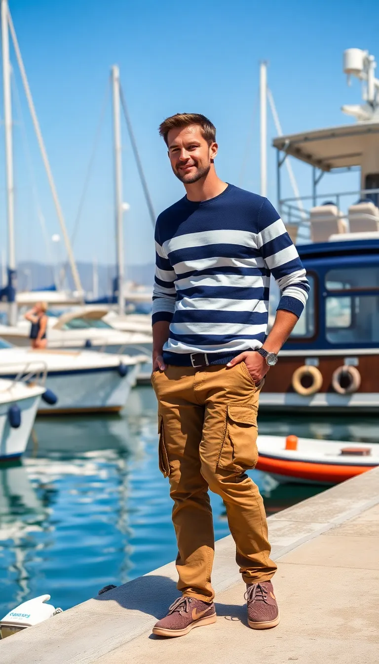 Brown Cargo Pants with a Striped Breton Shirt