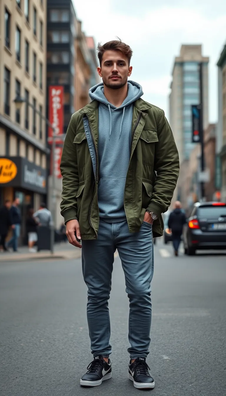 Grey Jeans with a Lightweight Hoodie and Jacket