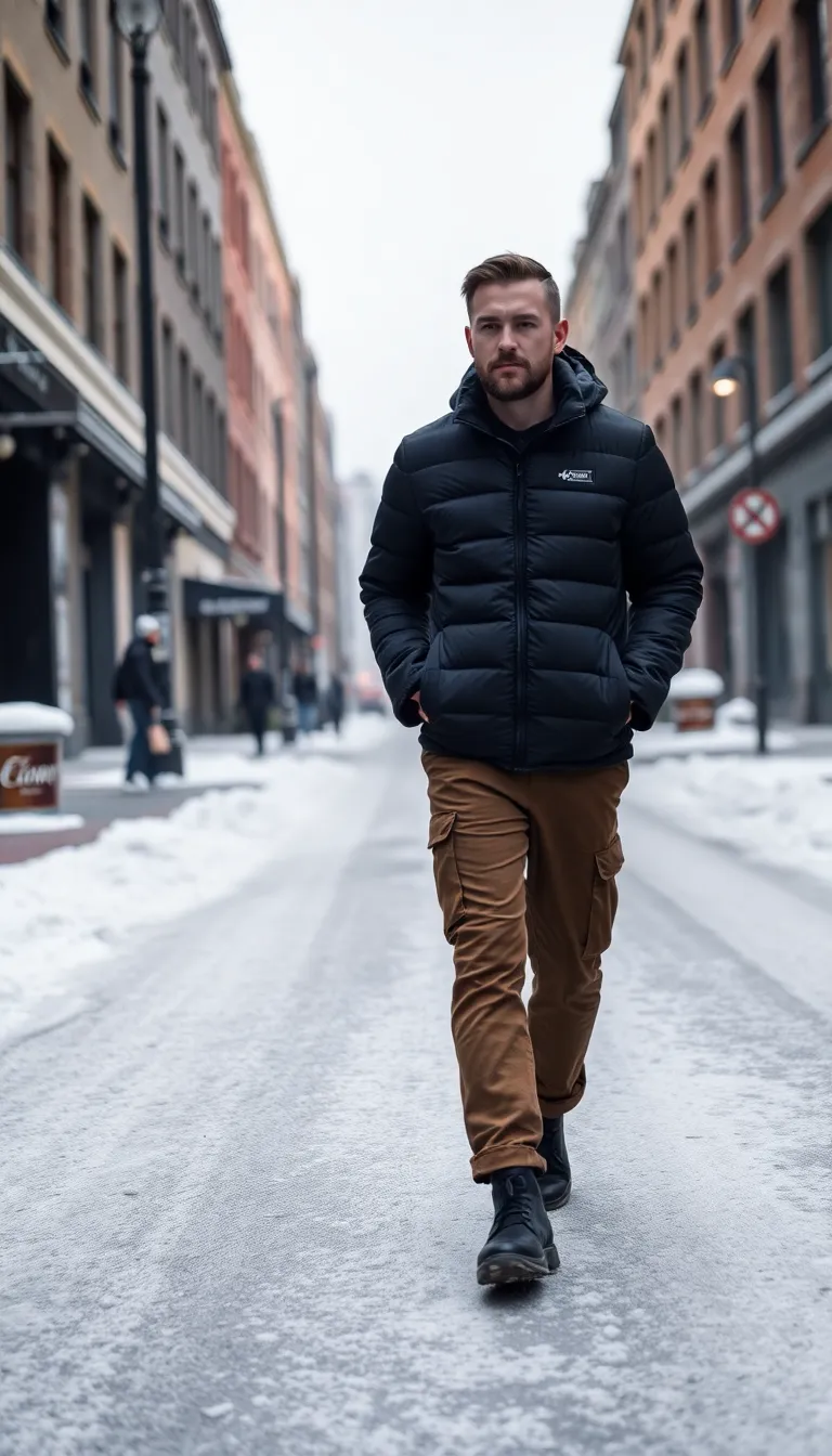 Winter Ready Brown Cargo Pants with a Puffer Jacket