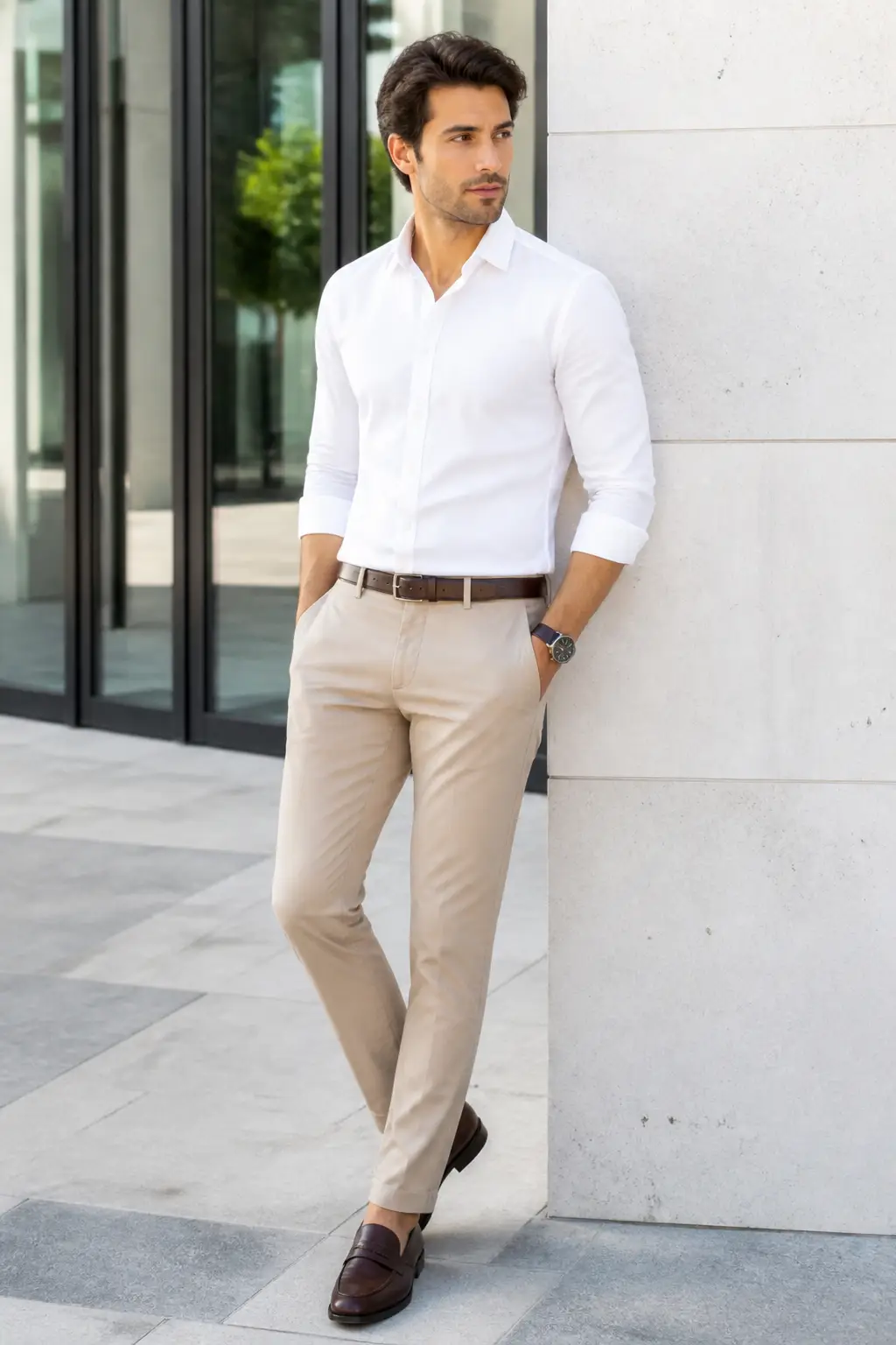 Classic Beige Chinos with a White Button-Down Shirt