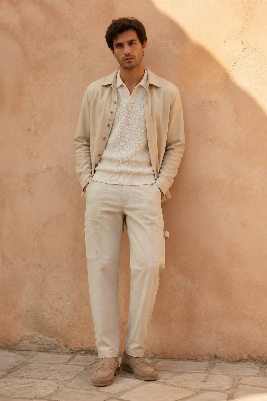 Monochrome Neutral Outfit with Beige Carpenter Pants