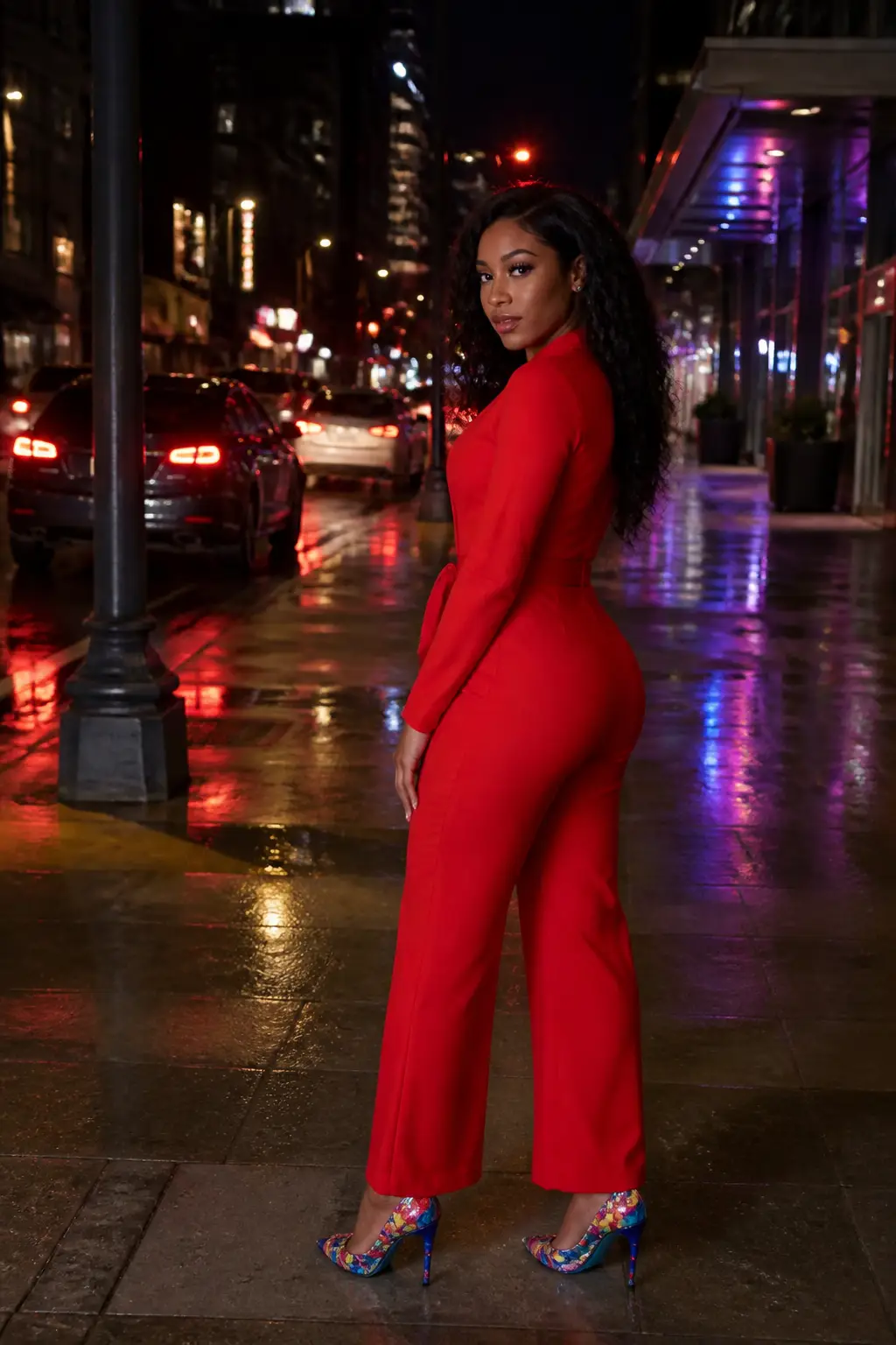 Bold Red Jumpsuit with Statement Heels