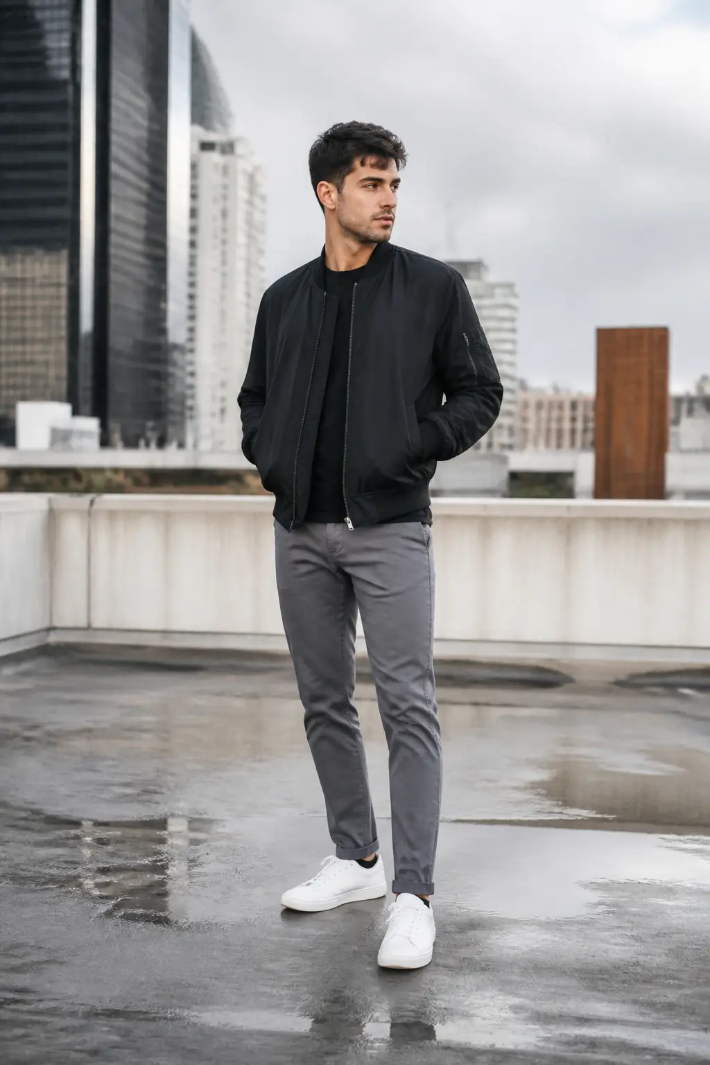 Grey Chinos and a Black Bomber Jacket
