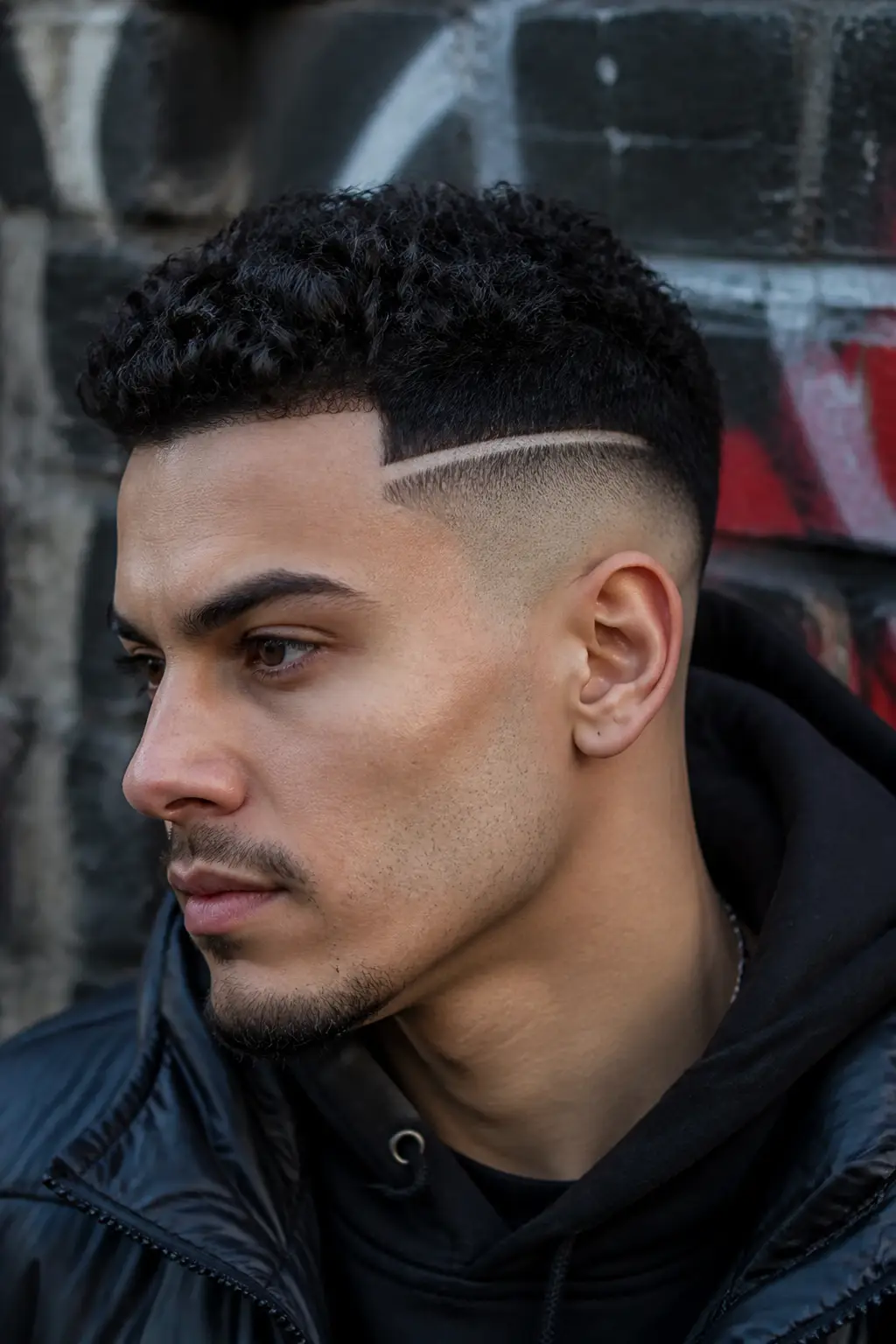 Curly Low Fade with Hard Line Design