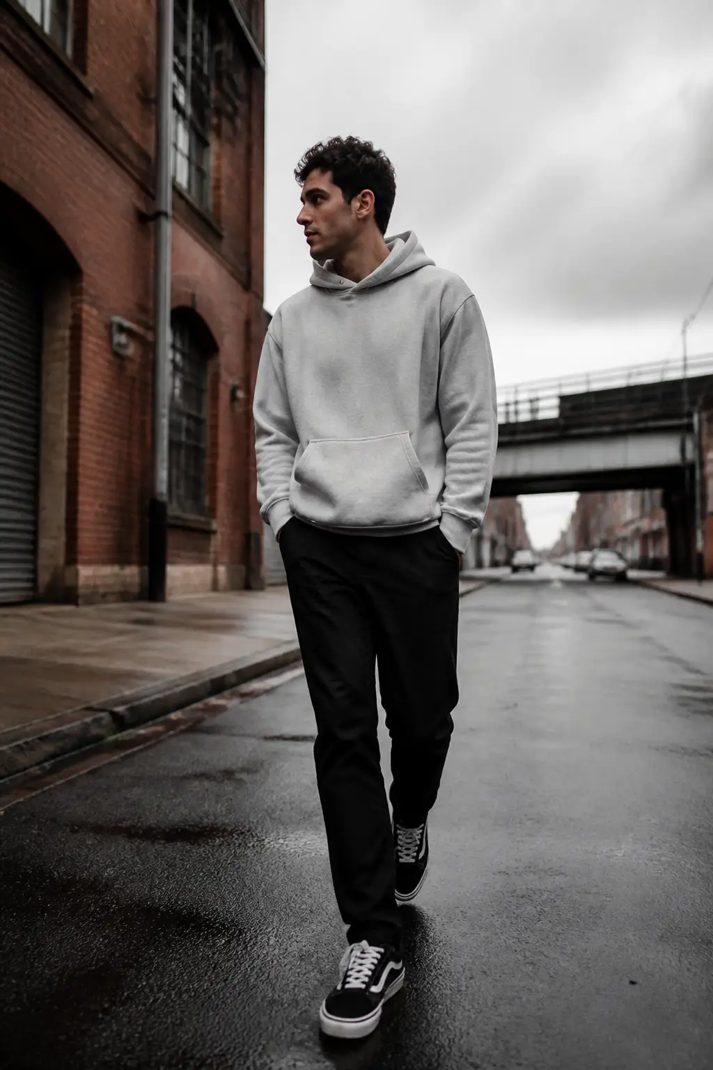 Black Chinos and a Grey Hoodie