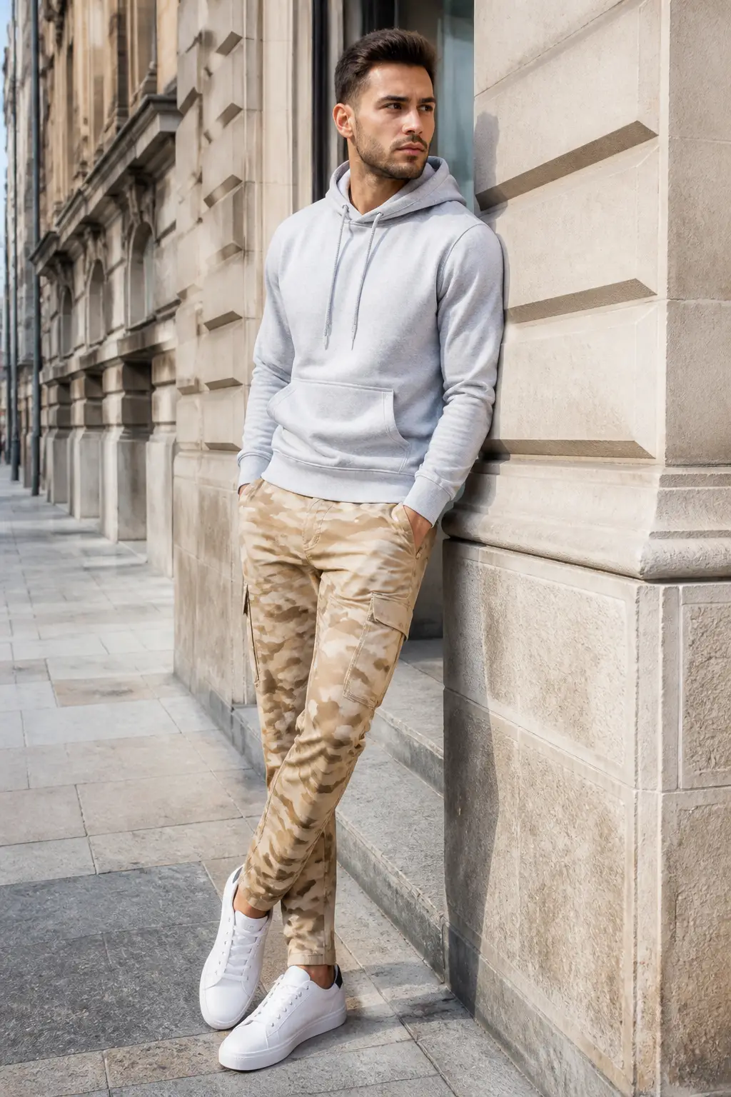 Camo Pants with Minimalist White Sneakers for Clean Street Style