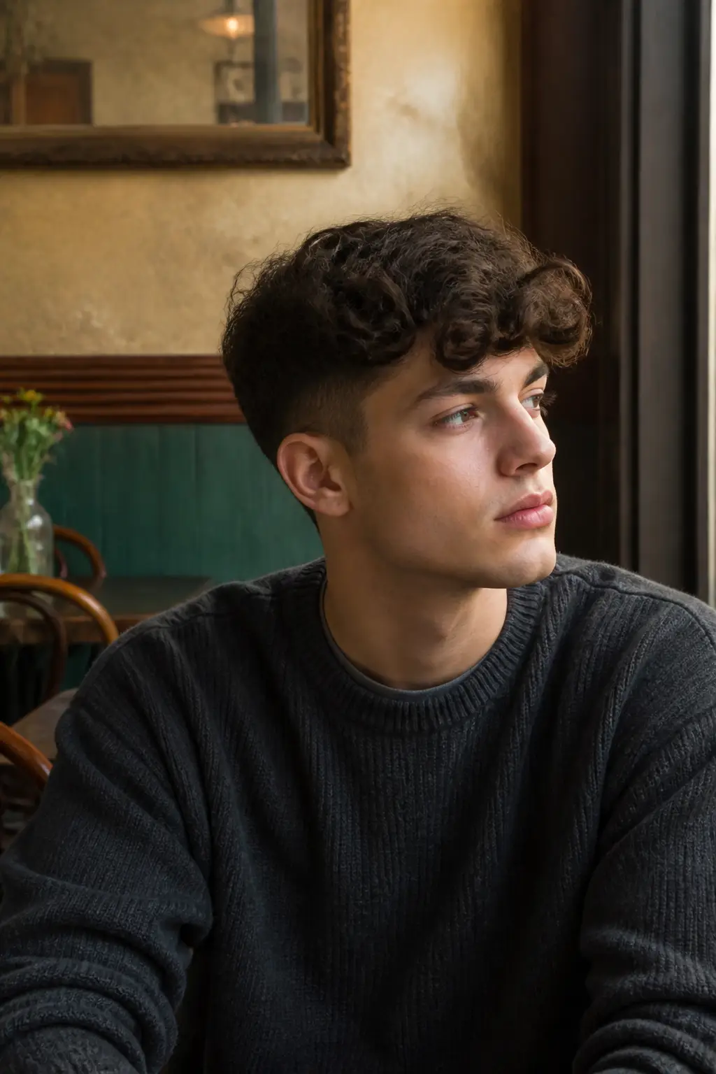 Low Fade with Curly Side Swept Top