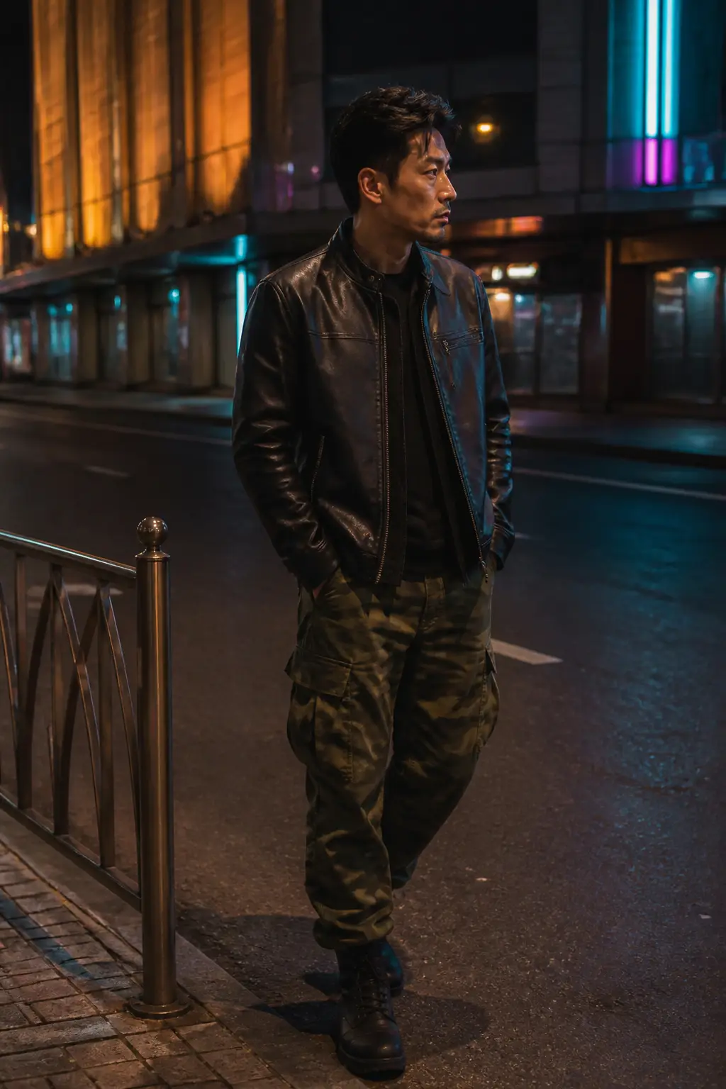 Leather Jacket with Camo Pants