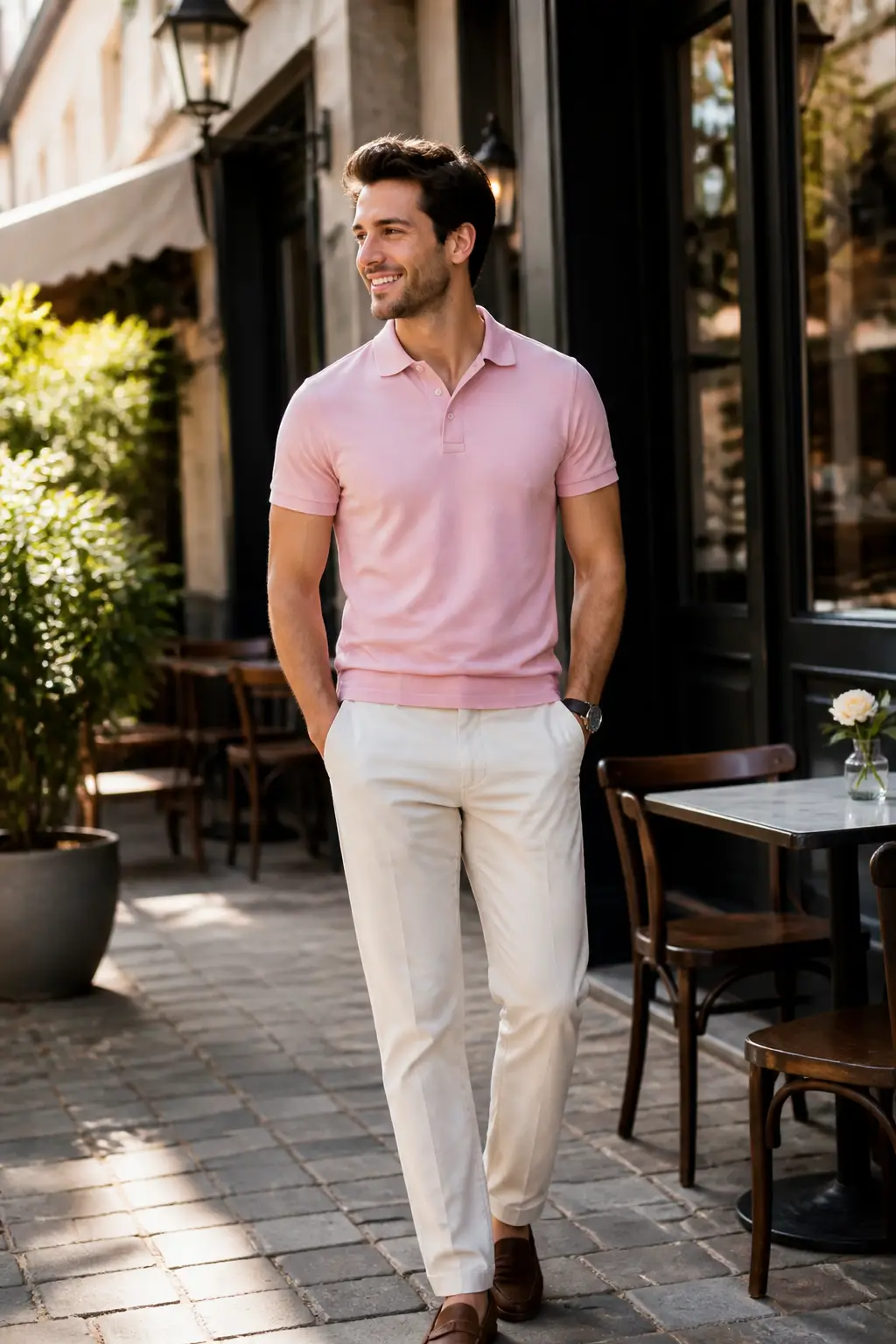 Cream Chinos with a Pastel Pink Polo Shirt