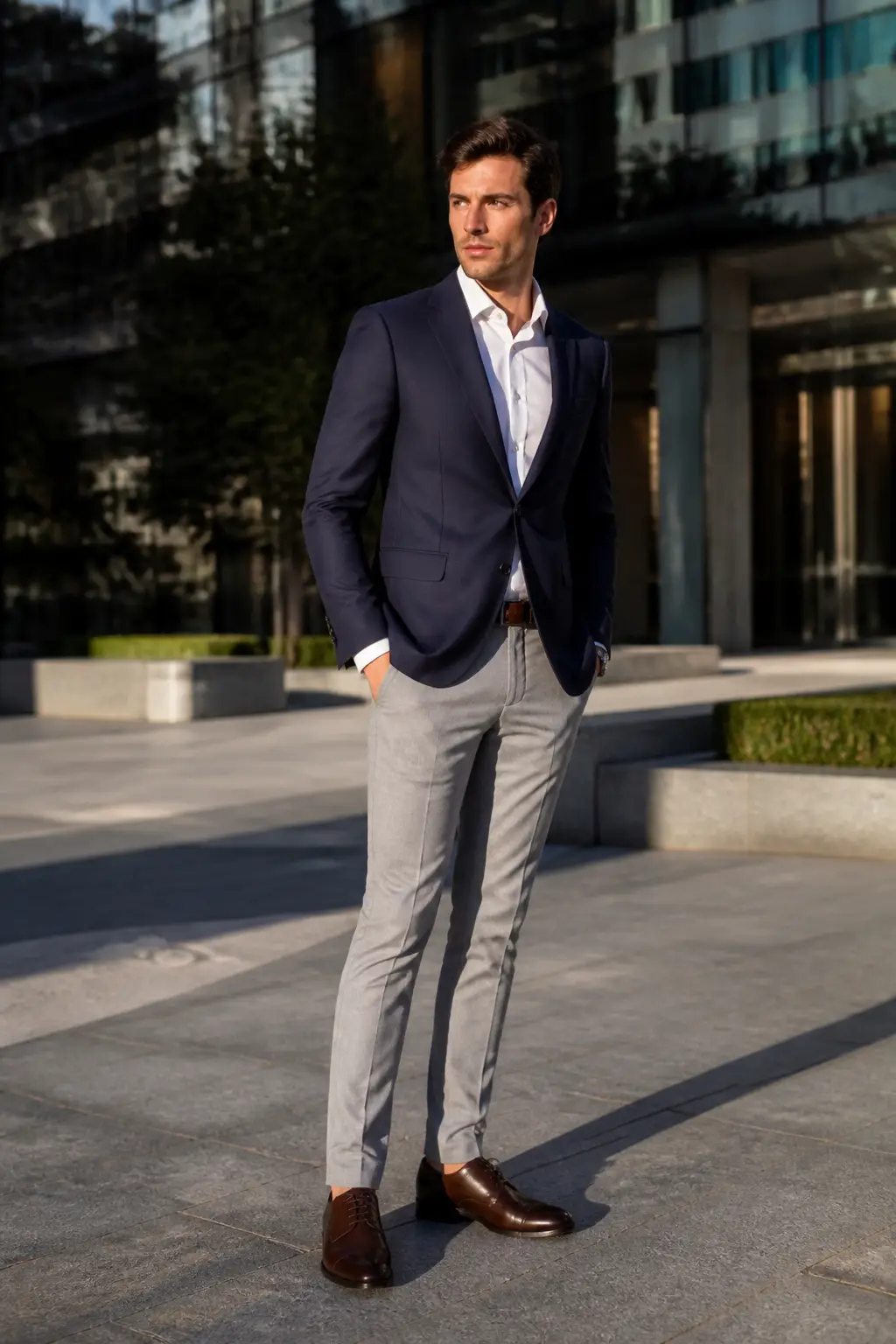 Light Grey Chinos with a Navy Blazer