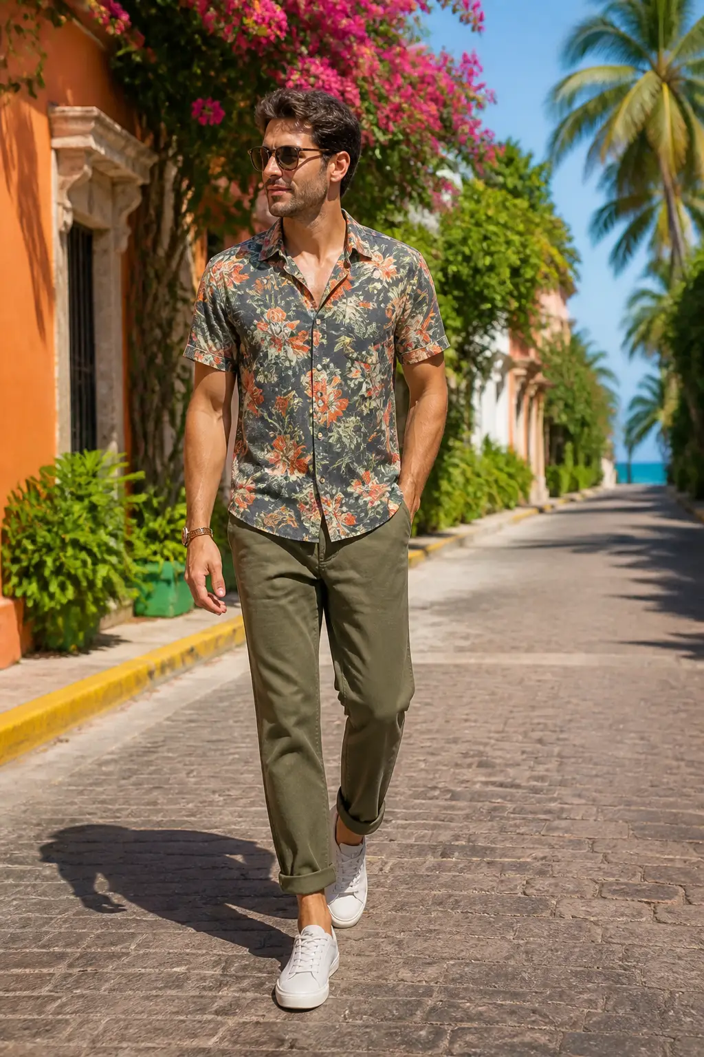 Olive Chinos with a Patterned Short Sleeve Shirt
