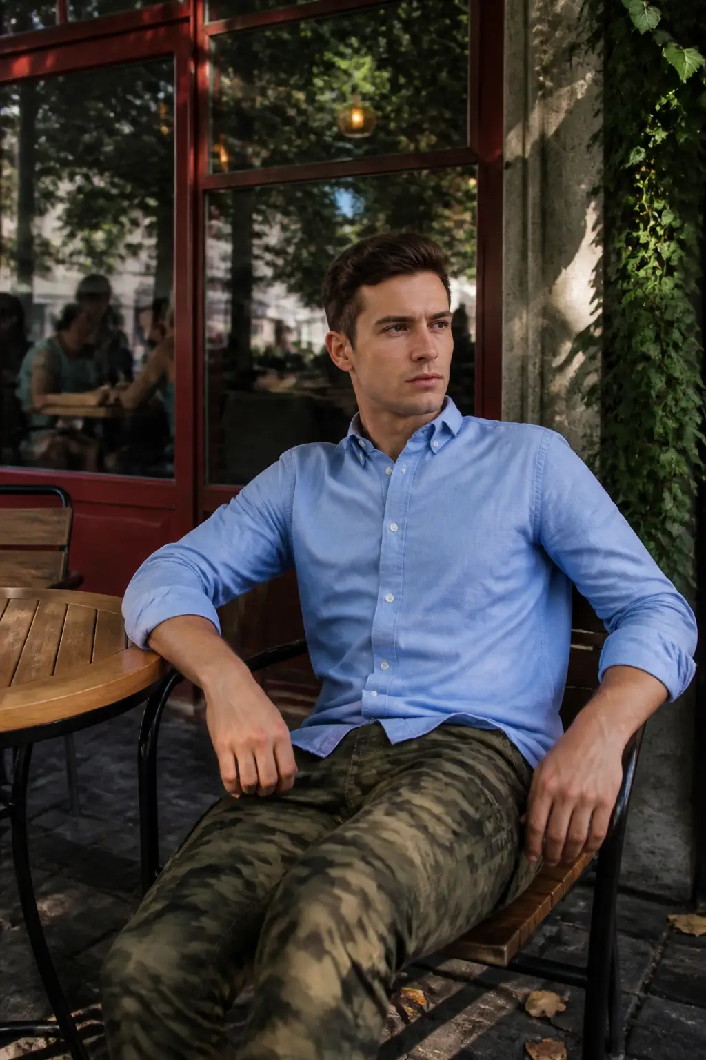 Solid Color Button-up Shirt and Camo Pants