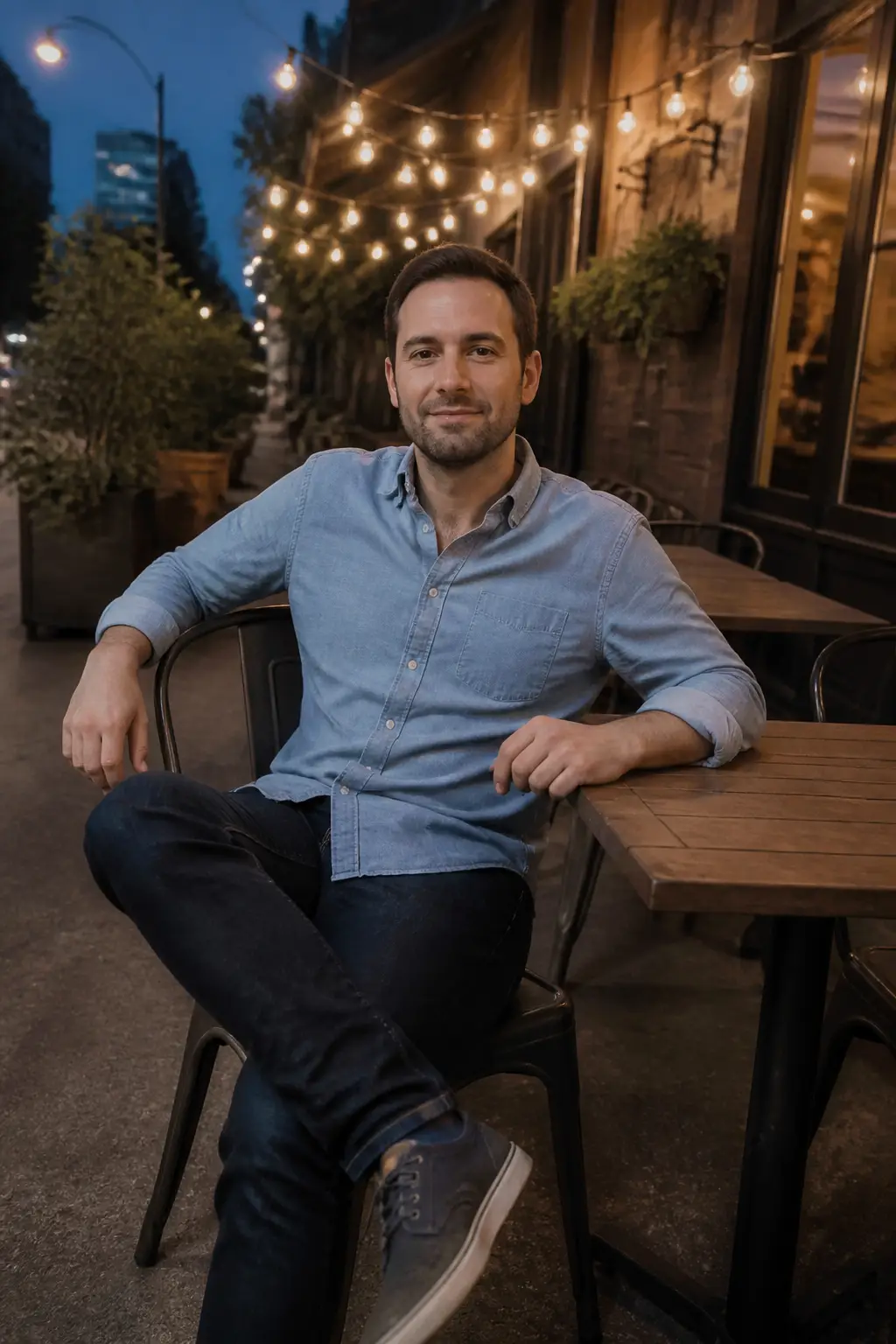Casual Dinner in a Chambray Shirt and Dark Jeans