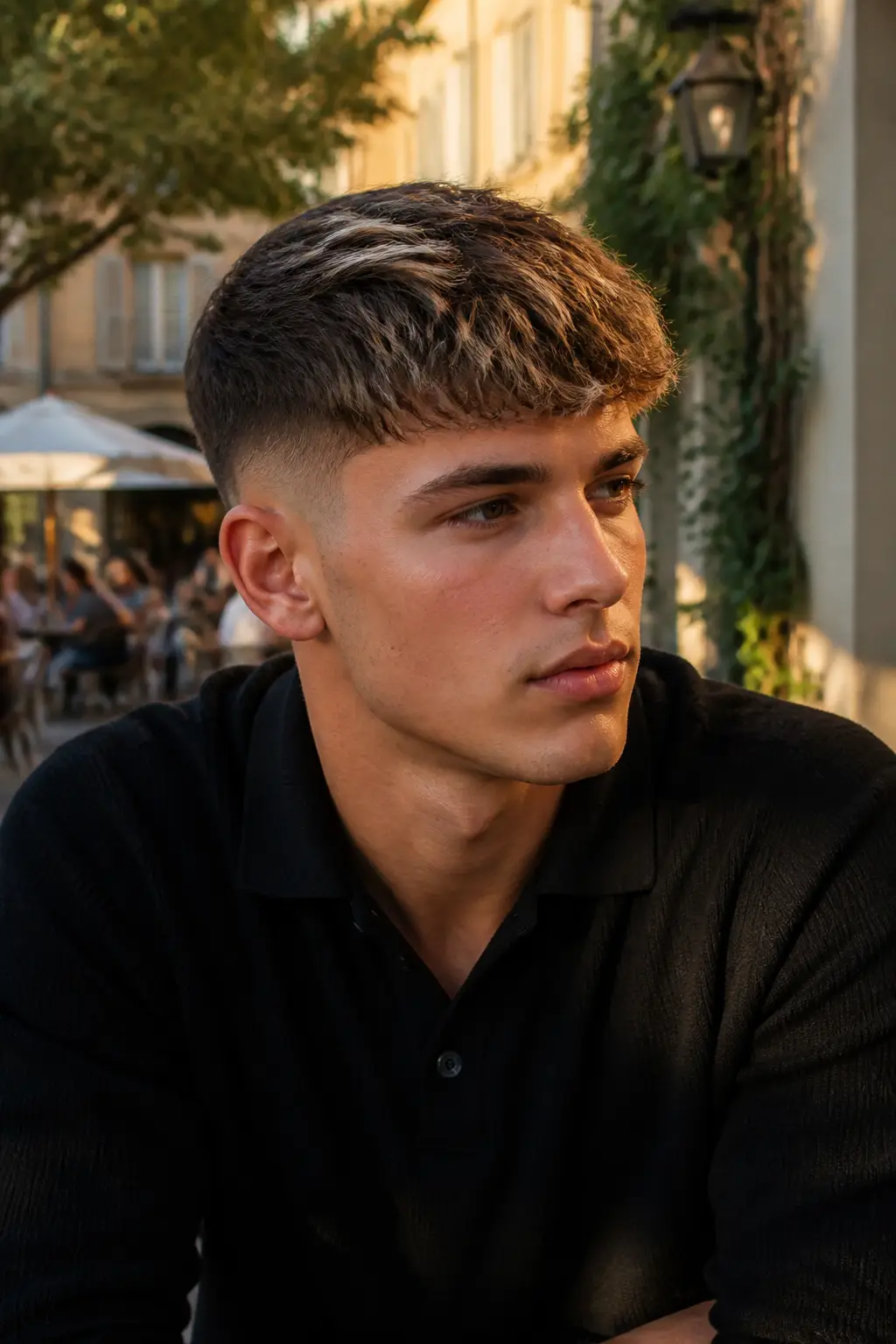 French Crop Mid Fade with Bleached Highlights
