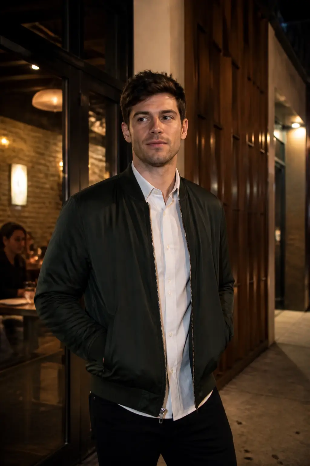 Dark Green Bomber Jacket with Dress Shirt