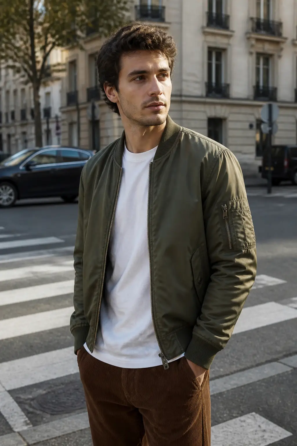 Olive Bomber Jacket Adds Sporty Edge