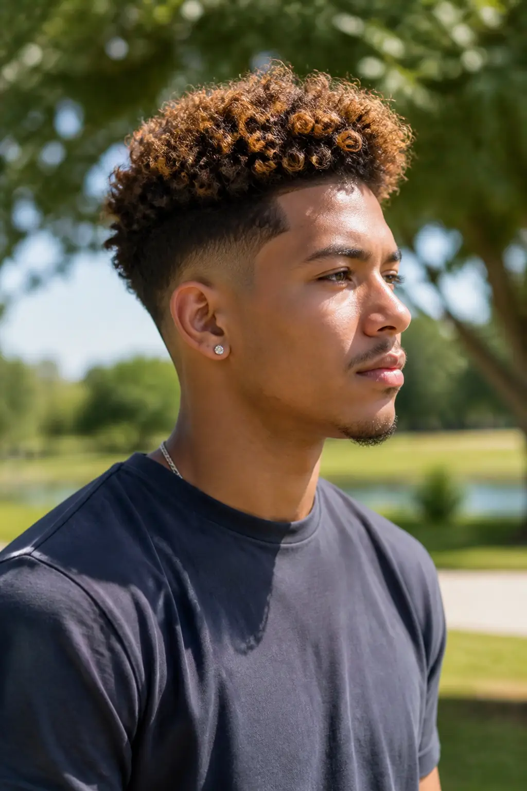 Curly Mid Fade with Highlights